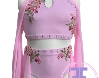 BESPOKE Pink Stoned Lyrical / Contemporary Dance Costume Two Piece Skirted Leotard (11/12 yrs)