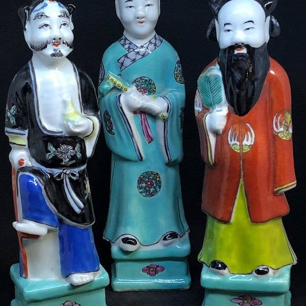 3 Antique Chinese earthenware figurines c.1880 Fuk, Luk, Sau