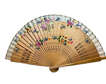 Floral Ornate Hand Painted Sandalwood Fan Wall Décor, Vintage, 1960’s, 18x 9 in