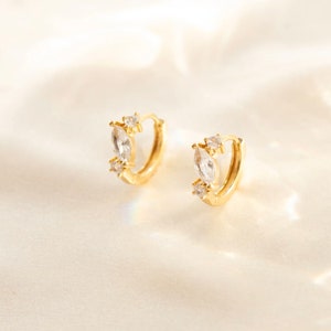 Diamond cluster huggies, Diamond hoops, Gold diamond huggies, Small baguette, Cluster set huggies, Dainty huggies, Bridal jewelry