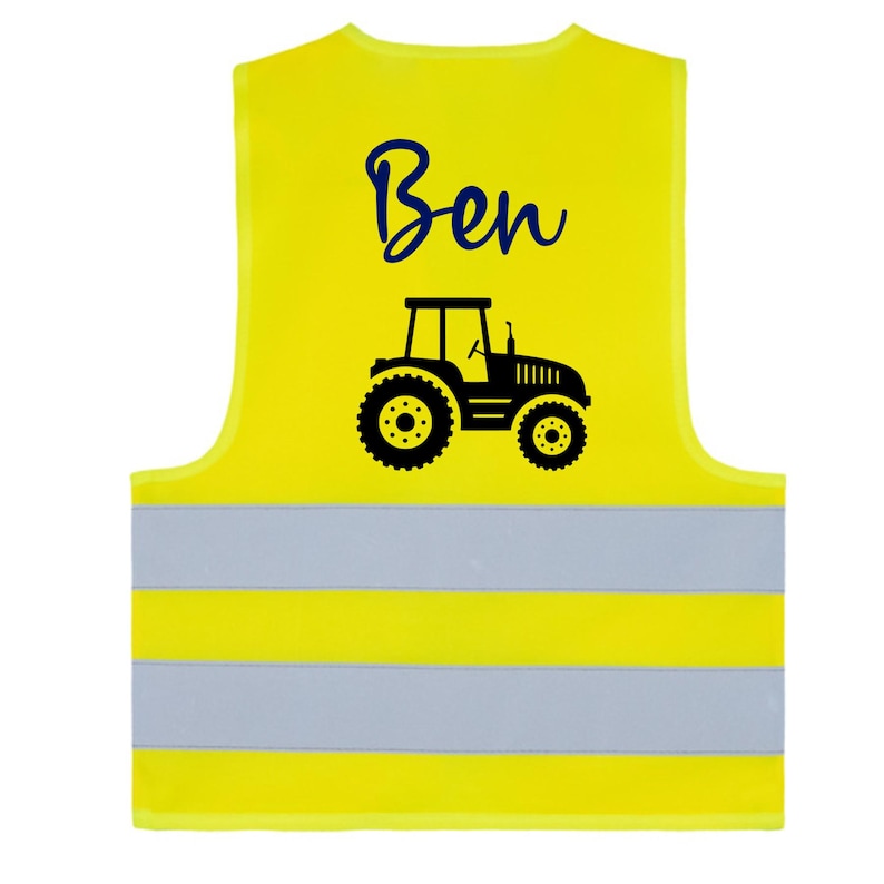 May include: A bright yellow safety vest with reflective stripes. The vest features a black tractor graphic and the name "Ben" in navy blue script. This vest is designed for visibility and safety.