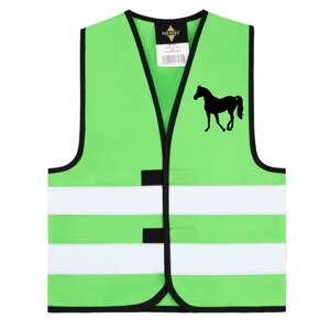 May include: A neon green safety vest with black trim and two white reflective stripes. A black silhouette of a horse is on the right side. The vest has a V-neck and a tag at the top.