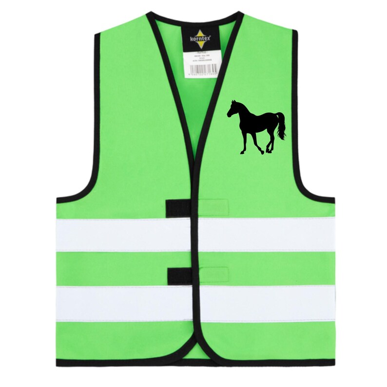 May include: A neon green safety vest with black trim and two white reflective stripes. A black silhouette of a horse is on the right side. The vest has a V-neck and a tag at the top.