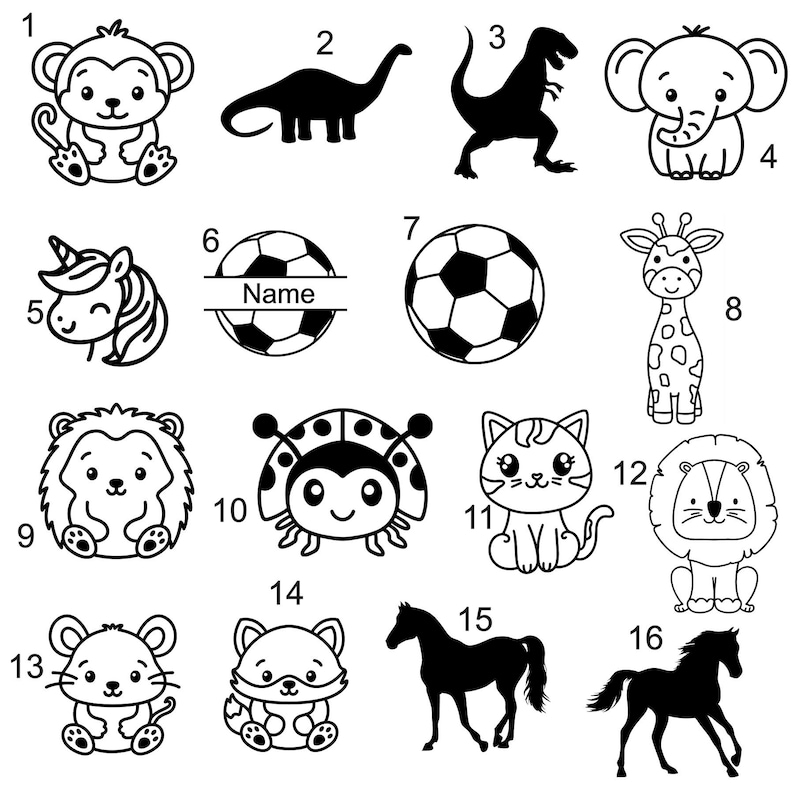 May include: A collection of black and white cartoon animal illustrations. Includes a monkey, dinosaur, T-Rex, elephant, unicorn, soccer ball, giraffe, hedgehog, ladybug, cat, lion, mouse, fox, and two horse silhouettes.