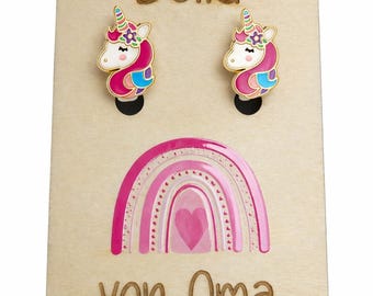Personalisierte Geschenkkarte, mit Wunschtext und Einhorn Clip Ohrringe, Clip-Ons ohne Ohrloch,  kein Schmerz, kein Kneifen