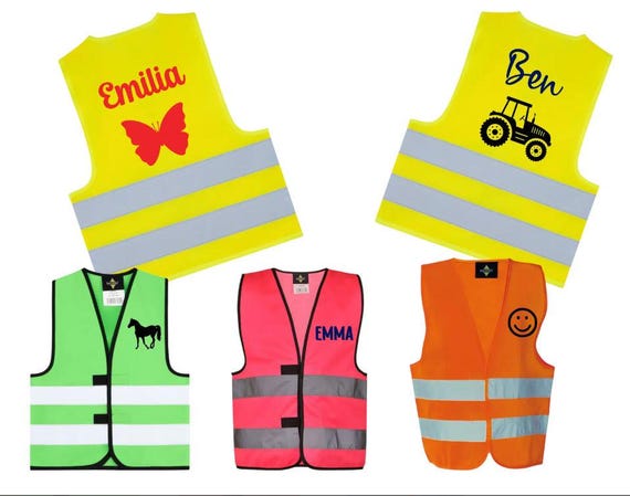 Warnweste, Sicherheitsweste für Kinder, mit Namen, viele Motive, versch. Farben/Größen, Sicherheit für  Schule, Kindergarten, Reise, Outdoor