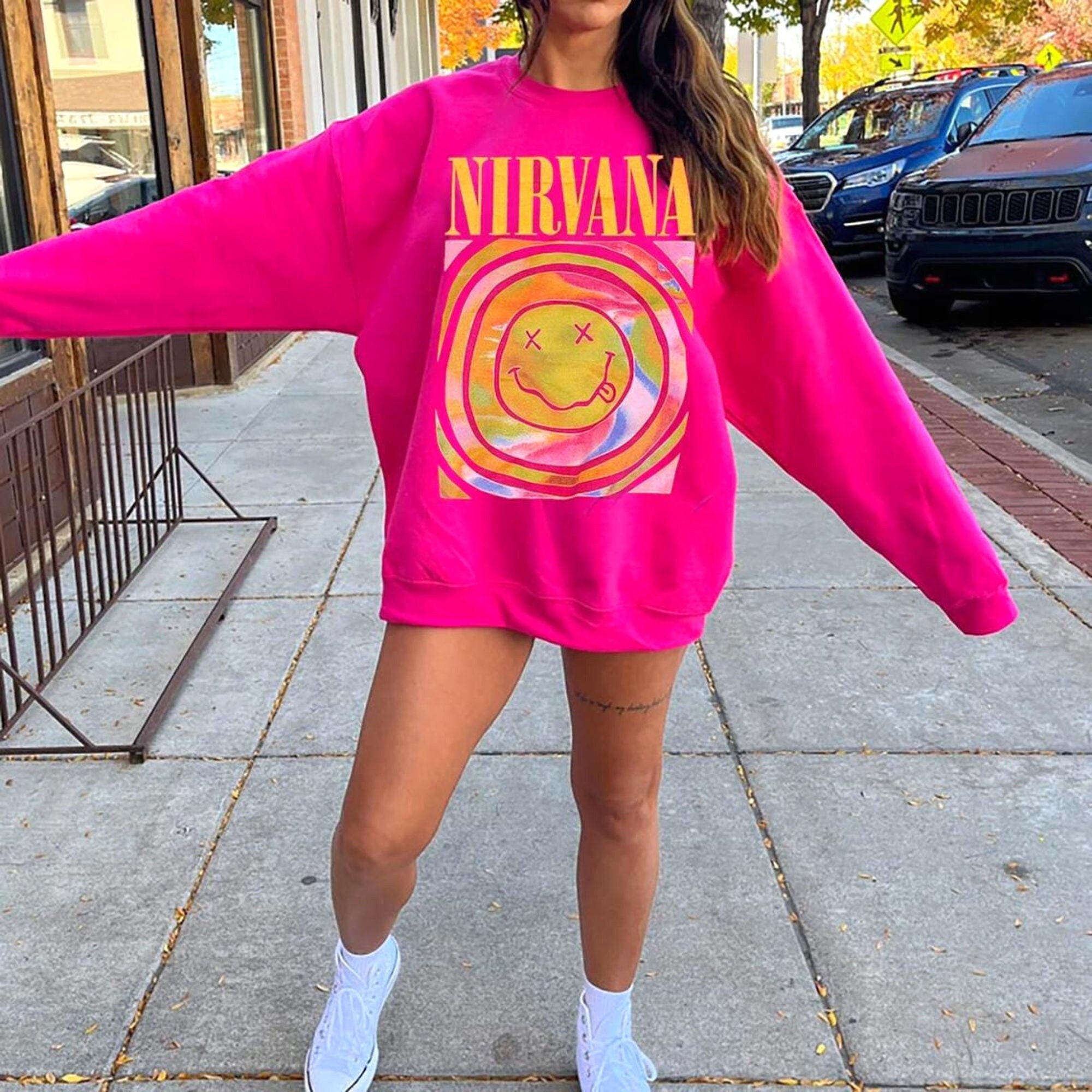 Discover Nirvana Smiley Face Crewneck Sweatshirt, Nirvana Smile Face Tee Shirt