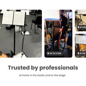 May include: Image showcasing sheet music on music stands in various settings: rehearsal, on stage, in the studio, and at home. The text reads "Trusted by professionals at home, in the studio, and on the stage."