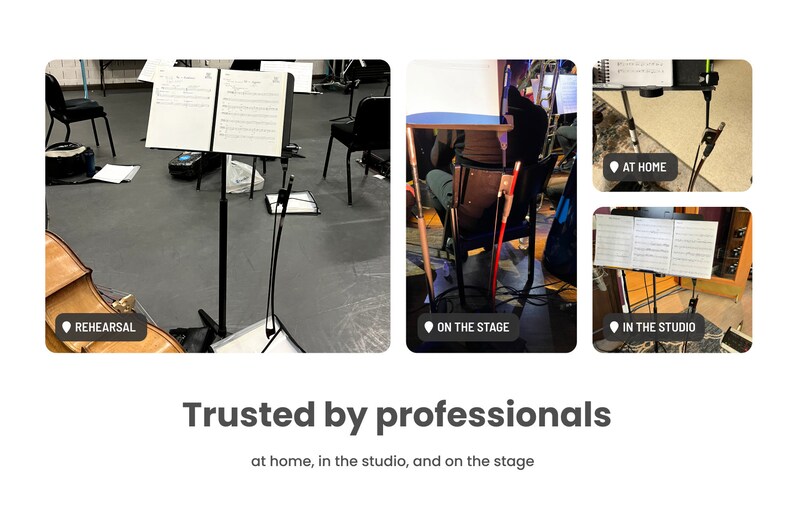 May include: Image showcasing sheet music on music stands in various settings: rehearsal, on stage, in the studio, and at home. The text reads "Trusted by professionals at home, in the studio, and on the stage."
