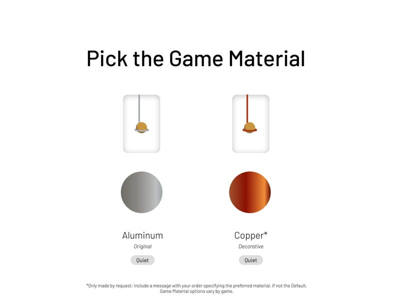 May include: A graphic showing two options for a game material: aluminum, which is the original material, and copper, which is a decorative option. Both options are described as quiet.