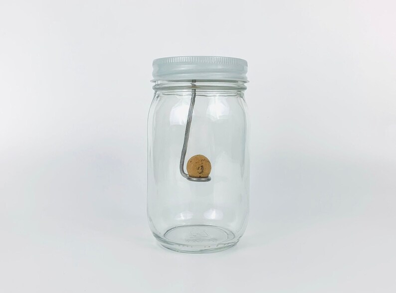May include: A clear glass jar with a white lid and a metal hook inside. A small, round, brown cork is hanging from the hook.