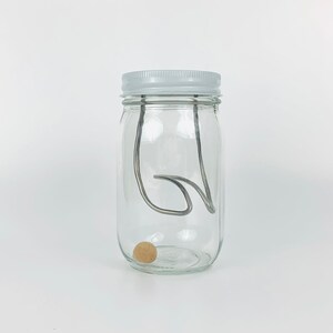 May include: A clear glass jar with a white lid and a metal wire inside. A small, round, light brown object is at the bottom of the jar.