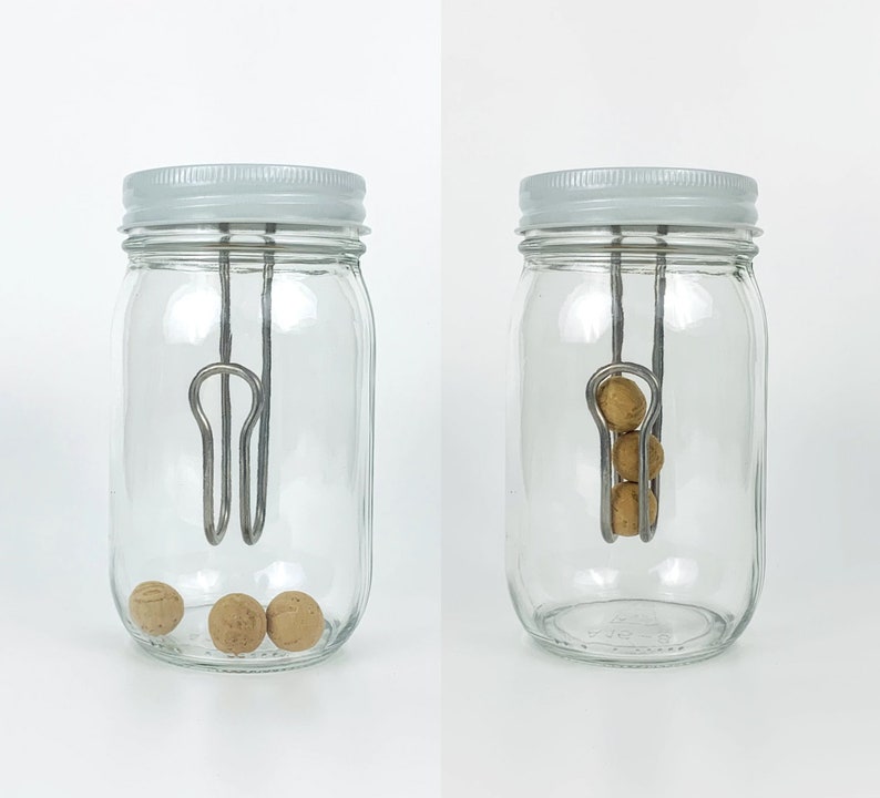 Pu&ograve; includere: Due barattoli di vetro con coperchi bianchi e un dispositivo in filo metallico all'interno. I barattoli sono vuoti in un'immagine e contengono piccoli oggetti rotondi e marroni nell'altra immagine.