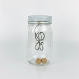 May include: A clear glass jar with a white lid and a metal wire inside. Two small, round, brown objects are at the bottom of the jar.