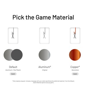 May include: Three options for game material: Default, Aluminum, and Copper. The Default option is made of aluminum and flex plastic. The Aluminum option is made of aluminum and is the original material. The Copper option is made of copper and is decorative. All three options are shown with a small circle representing the material.