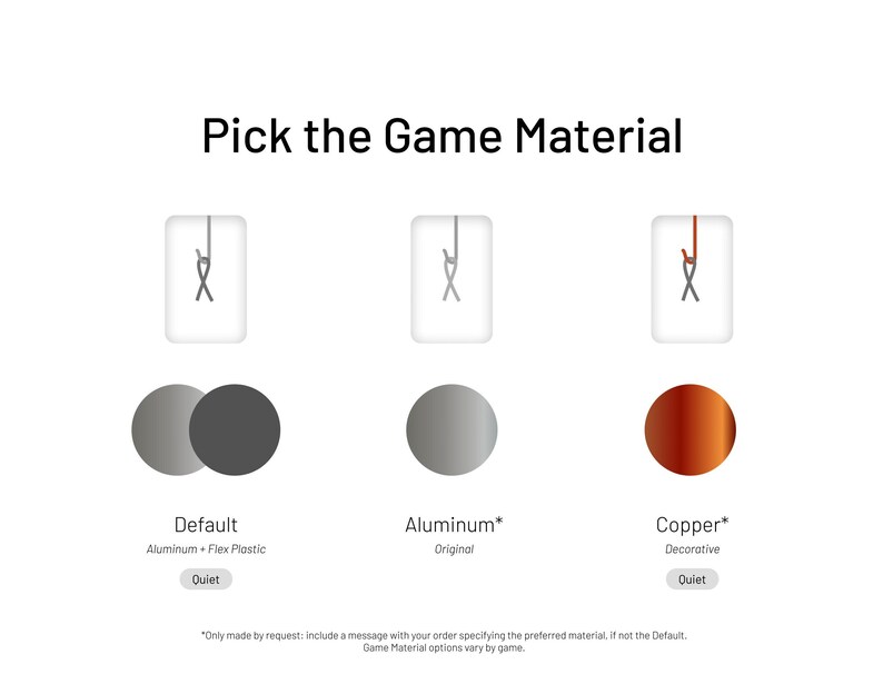 May include: Three options for game material: Default, Aluminum, and Copper. The Default option is made of aluminum and flex plastic. The Aluminum option is made of aluminum and is the original material. The Copper option is made of copper and is decorative. All three options are shown with a small circle representing the material.