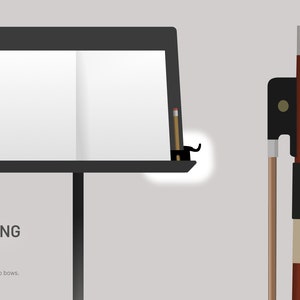 May include: A black music stand with a blank sheet of paper and a pencil. A violin bow is positioned to the right. The text "SIDE HANG 2 of 2" is at the bottom, with text below it that reads "for violin, viola, & cello bows, or sitting players."