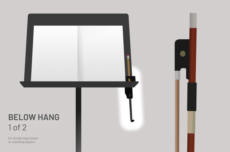 May include: Illustration of a black music stand with a pencil and a double bass bow. The music stand holds blank sheet music. The bow is brown and black. Text on the image reads "BELOW HANG 1 of 2 for double bass bows, or standing players."