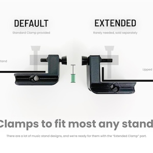 May include: Image showing two black clamps for music stands, labeled "DEFAULT" and "EXTENDED." The text "Clamps to fit most any stand" is at the bottom. The image also shows the words "Flat-edged music stand" and "Lipped music stand."