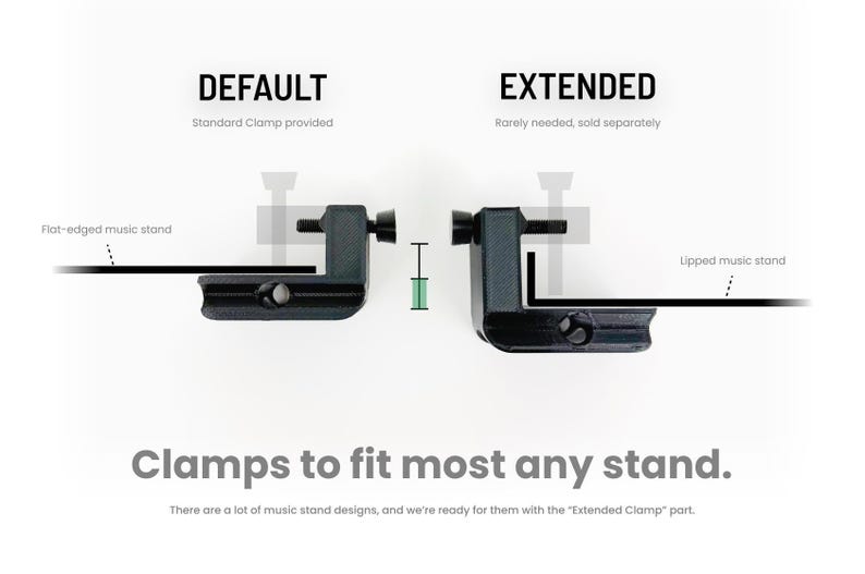 May include: Image showing two black clamps for music stands, labeled "DEFAULT" and "EXTENDED." The text "Clamps to fit most any stand" is at the bottom. The image also shows the words "Flat-edged music stand" and "Lipped music stand."