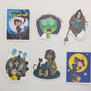 Coraline Set of 6 Stickers Variation #15 Wybie Beldam Other Mother Cat Approximately 2 inches image 1