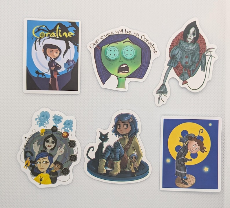 Coraline Set of 6 Stickers Variation #15 Wybie Beldam Other Mother Cat Approximately 2 inches image 1