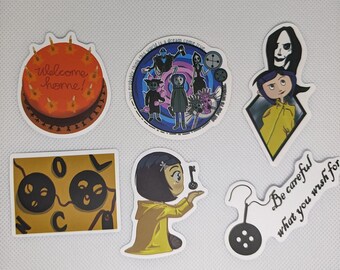 Coraline Set of 6 Stickers Variation #12 Wybie Beldam Other Mother Welcome Home Cake Mr Bobinsky Button Eyes Approximately 2 inches