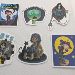 Coraline Set of 6 Stickers Variation #15 Wybie Beldam Other Mother Cat Approximately 2 inches image 2