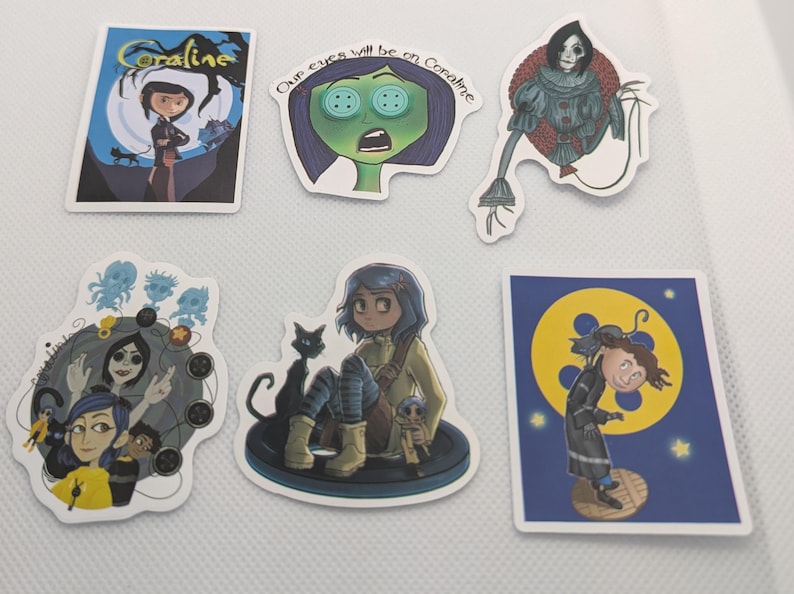 Coraline Set of 6 Stickers Variation #15 Wybie Beldam Other Mother Cat Approximately 2 inches image 2