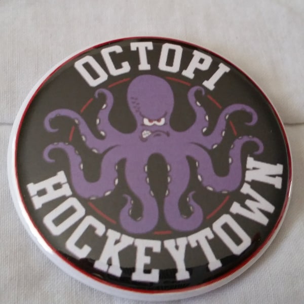 LIMITED EDITION** Detroit Red Wings Hockeytown Al the Octopus Ice Hockey Badge Magnet Pinback Button 2.25 inch