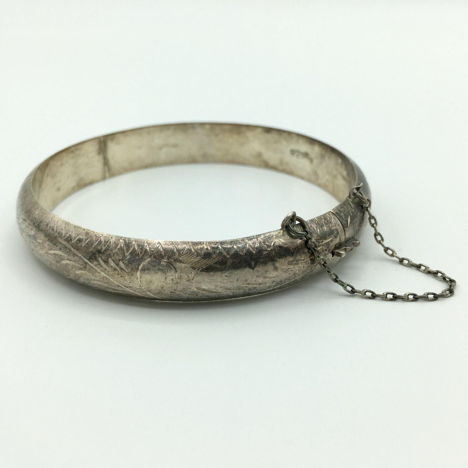 Vintage 925 Sterling Silver Hinged Tarnished Rustic Floral Swirl Bangle Bracelet Safety Chain Etsy