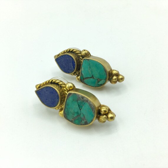Gold Tone Vintage Turquoise Blue Earrings