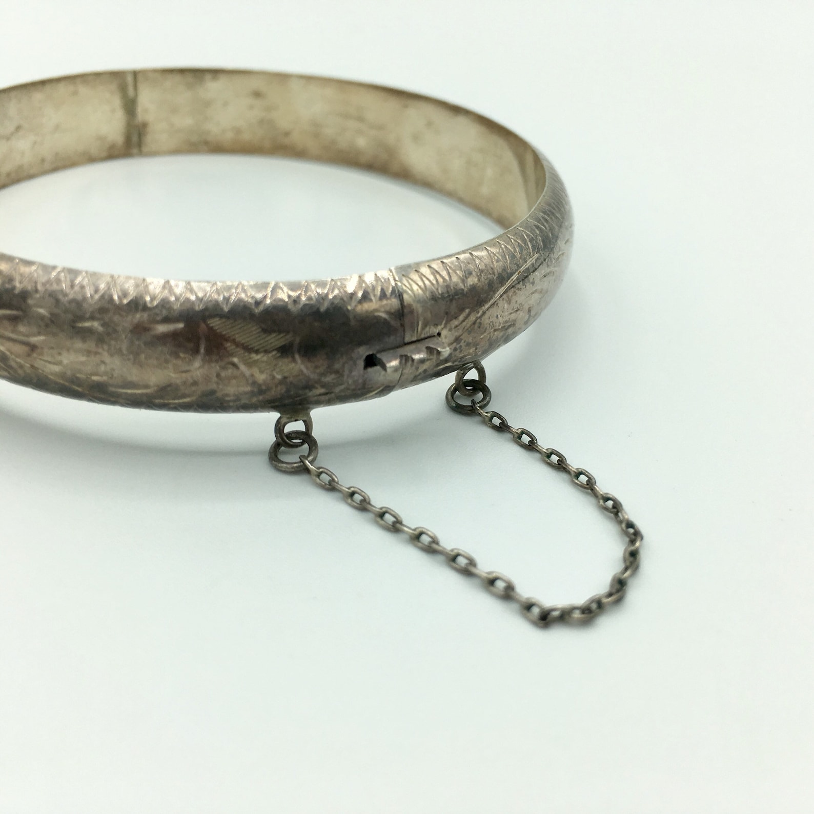 Vintage 925 Sterling Silver Hinged Tarnished Rustic Floral Swirl Bangle Bracelet Safety Chain Etsy