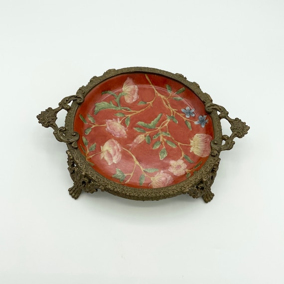 Vintage Eclectic Brass Red Flowers Ring Holder Dish