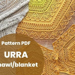 May include: Close-up of a crochet shawl or blanket in gold, yellow, and silver. The text "Pattern PDF URRA shawl/blanket" is displayed. The crochet work features intricate, geometric patterns. The image showcases the texture and detail of the craft.