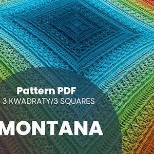 Pode incluir: Uma manta de crochê com um degradê de cores arco-íris. A manta é feita de quadrados com um padrão de ponto detalhado. O texto "Pattern PDF 3 KWADRATY/3 SQUARES MONTANA" é exibido na manta.