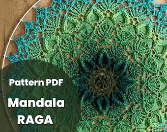 May include: A close-up of a crocheted mandala in shades of green and teal. The mandala features a detailed floral design with the text "Pattern PDF Mandala RAGA" in white. The crochet work is intricate and appears to be handmade.