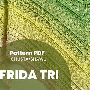 Pode incluir: Um padrão de xale de crochê em PDF, chamado "Frida Tri", com um design degradê em verde, amarelo e rosa. O padrão é para um "Chusta/Shawl".