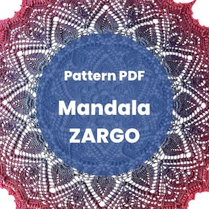 May include: A circular, crocheted mandala in shades of red, purple, and gray. The intricate design features a repeating pattern of heart-shaped elements and openwork. The text "Pattern PDF Mandala ZARGO" is displayed on a blue circle in the center.