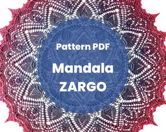 May include: A circular, crocheted mandala in shades of red, purple, and gray. The intricate design features a repeating pattern of heart-shaped elements and openwork. The text "Pattern PDF Mandala ZARGO" is displayed on a blue circle in the center.