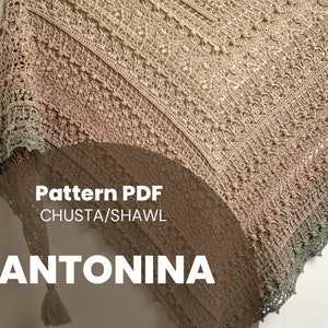Pode incluir: Um padrão de xale de crochê em PDF para um projeto chamado Antonina. O xale é um degradê de verde, marrom e bege.