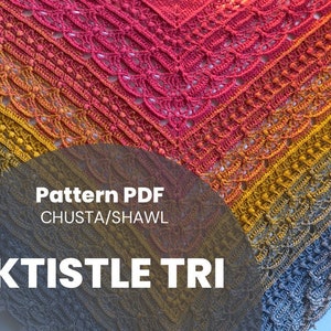 Pode incluir: Um padrão de xale de crochê em PDF para o Ktistle Tri Chusta/Shawl. O xale é um degradê de vermelho, laranja, amarelo e azul.
