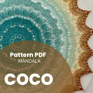 Könnte beinhalten: Ein Häkel-Mandala-Muster-PDF für ein Häkelprojekt namens "Coco". Das Mandala ist ein kreisförmiges Design mit einem Farbverlauf von Türkis, Weiß und Braun.