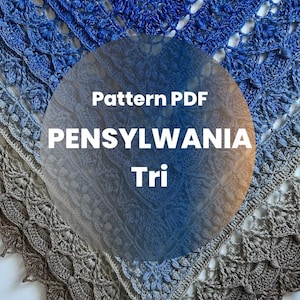 Puede incluir: Primer plano de un chal de ganchillo en tonos azules y grises. El chal presenta intrincados patrones de encaje y una forma triangular. El texto de la imagen dice "Pattern PDF PENNSYLVANIA Tri."