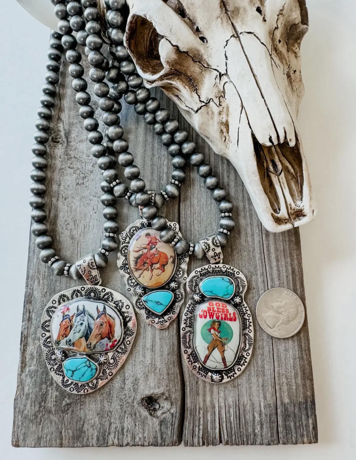 Western pendant necklace | turquoise jewelry necklaces for women | gift for her | Discocowgirl | western print cowhide retro cowgirl Dolly