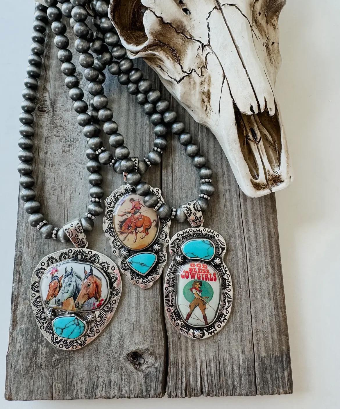 Western pendant necklace | turquoise jewelry necklaces for women | gift for her | Discocowgirl | western print cowhide retro cowgirl Dolly