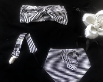 Skulls and Stripes Baby Bibdana Set / Skeleton baby Pacifier Clip / Halloween Baby Gift Set