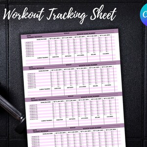 May include: A printable workout tracking sheet with four sections for recording workout details. Each section includes columns for date, training programme, goals, session name and number, set number, weight, reps, duration, distance, average speed, incline, and calories.