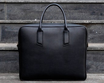 Black Leather Briefcase for Men with trolley sleeve, Graduation Gifts Personalized