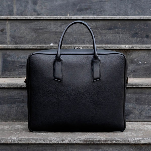 Black Leather Briefcase for Men with trolley sleeve, Graduation Gifts Personalized